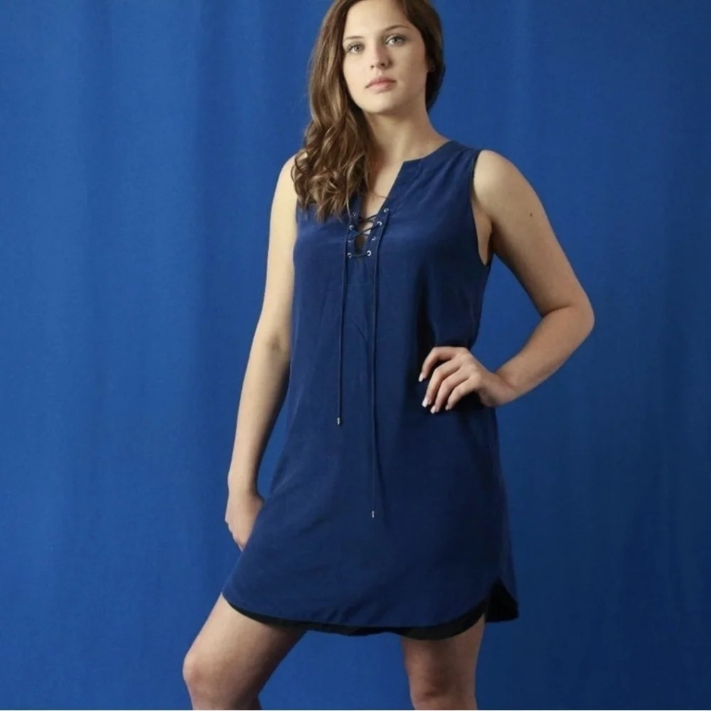 Amanda Uprichard Navy Michaela Lace Up Silk Dress - Medium